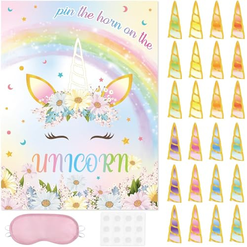 WERNNSAI Pin The Horn on The Unicorn Party Game - Unicorn Birthday Party Decoration 24 Pcs Reusable Horns Sticker Magical Fantasy Adventure Party Supplies for Family Gathering Party Favor 71x53cm