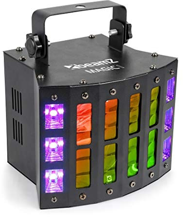Beamz Magic 2 Derby Faro LED 4in1: Derby, R/G, Strobo ed Effetto Luce UV 9 x LED RGBWPWW da 3W Strobo: 6 x LED Bianchi da 1W 6x LED UV da 3W DMX o Standalone Programmi Nero