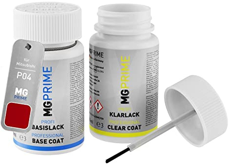 MG PRIME Autolack Lackstift für Mitsubishi P04 New Red/Amazon Rot +1K | Set aus Basislack + Klarlack, Lackfläschchen mit Pinsel, je 50ml