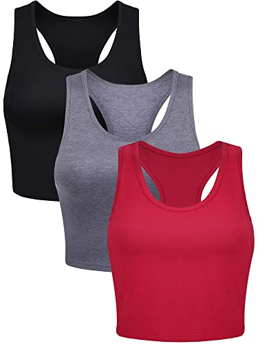 Boao 3 Racerback Crop Tank Top Basique sans Manches (Noir, Gris Foncé, Rouge, S)