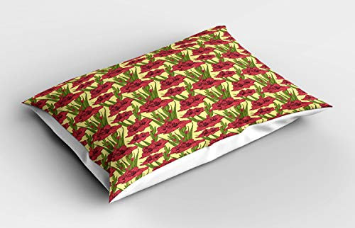 ABAKUHAUS Blume Kissenbezug, Gladiolen Muster, Dekorativer Standard King Size Gedruckter Kissenbezug, 80 x 40 cm, Gelbe Koralle und Grün