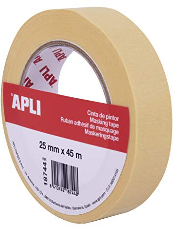 APLI Rotolo di nastro da pittore o carrozzeria 25 mm x 45 m formato singolo, carta da 57 g/m², resistente fino a 60°