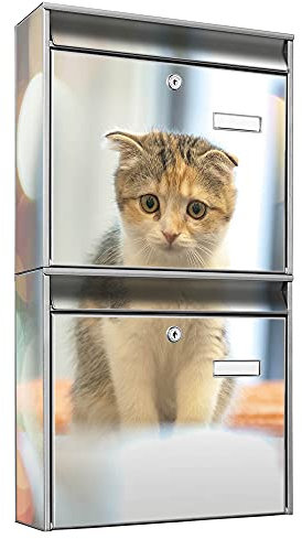 banjado Briefkastenanlage 2 Fach - 2 Briefkästen 36x64x10cm groß - Doppelbriefkasten Set - Namensschild, 2 Schlüssel, Montagematerial - Stahl verzinkt Silber - Motiv Kleine Katze
