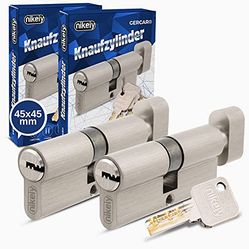 GERCAR Pro Lot de 2 cylindres à bouton 45/45 en laiton nickelé mat avec 10 clés réversibles Longueur 90 mm A:45 B:45-2x