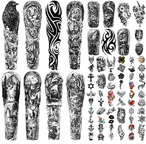 46 Fogli Tatuaggio Temporaneo Grande Braccio Completo Impermeabile Realistico, Alce Cervo Aquila Leone Lupo Totem Scorpione Mano Braccio Collo Viso Tatuaggio Adesivi Per Uomini E Donne