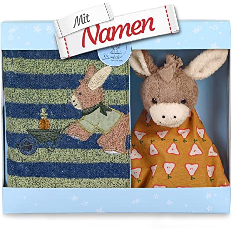 Sterntaler Baby Geschenkset Esel Emmilius mit Namen Bestickt, Schmusetuch Kinderhandtuch Babygeschenk Junge Geschenk Taufe Geburt, Geschenkbox, Geschenkidee, Baby-Erstausstattung Neugeborene