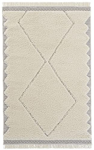 Mint Rugs Ciret Teppich Hochflor Wohnzimmer-Teppich Fransen Weich Flauschig Langflor Shaggy Flokati Skandi Rauten Muster für Küche Flur oder Schlafzimmer Hoch-Tief Struktur Creme Grau 80x150 cm