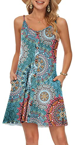 WNEEDU Robe de Plage Femme Bretelles Spaghetti Col V Courte Été Poches | Vacances, Fluide, Léger, Sans Manches, Chic, Élégante, Bohème, Décontractée, Grande Taille, Léopard, Fleuri, Imprimé