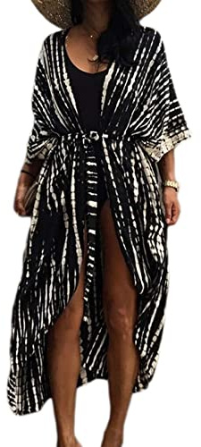 Baynetin Long Beach Kleid für Frauen, Damen Lose Sommer Pareos, Maxi Strandkleid Boho Kimono Lang Strand Cardigan Beachwear, Front Offen Blumen Bluse Bikini Cover-Up Einheitsgröße (Schwarz)