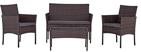 Enjoy Fit Gartenmöbel Poly Rattan Balkonmöbel 4er Sitzgruppe Lounge Set aus 2-er Sofa, Stühle, Tisch und Sitzkissen Braun