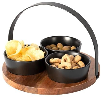 Antipastiera Gusto Casa avec base en bois d'acacia, poignée et 3 bols en stoneware