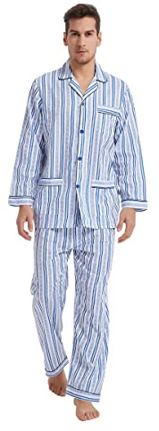 Global Herrpyjamas, lång pyjamas i bomull, tvådelade nattkläder, långärmad skjorta med V-ringning, fickor och knappslå, loungebyxor med band, nattkläder, L