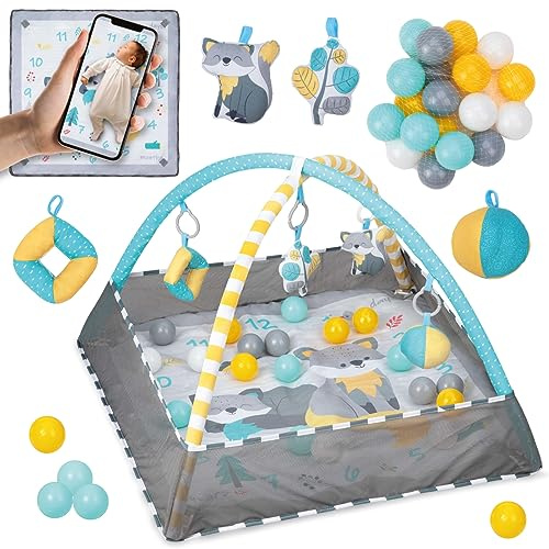 MoMi LAMMIS Spielbogen für Babys ab der Geburt, 4-in-1 Set: Krabbeldecke mit Umrandung und Foto-Hintergrund, Bälle-Bad mit 18 Bällen, 5 Spielzeuge, B79 x L79 x H 87 cm, Gewicht 0,6 kg