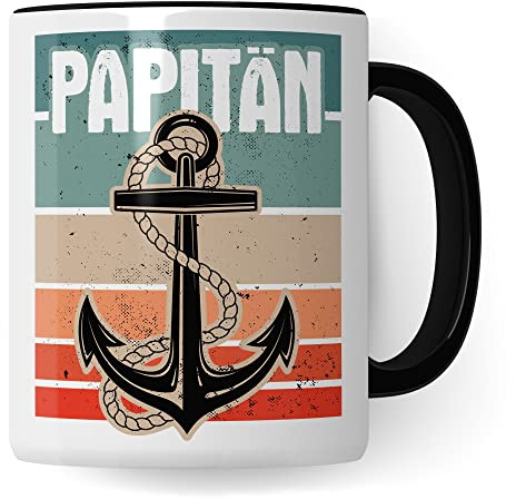 Papitän Tasse Papa, Vater Geschenk zum Vater-Tag & Geburtstag, Kaffeetasse mit Papa, Kaffee-Becher Segler Boot Vatertagsgeschenk (Schwarz)