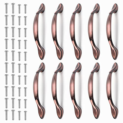 Kinsinder 10pcs Vintage Cabinet Handles, Furniture Door Pull Handles, Antique Bow Pulls, Antique Kitchen Cupboard Handles, for Kitchen Wardrobe Cabinet Knobs Drawer Door (96mm, Red Bronze)