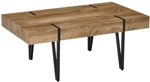HOMCOM Table Basse Rectangulaire Atypique Industrielle, Plateau Ancien | Base en Métal Noir en Épingle à Cheveux, Base en Bois