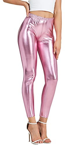 NewL Damen-Leggings, glänzend, metallisch, Sport-Leggings, helle Bleistifthose, Fitness, Mode, Jeggings, Bonbonfarben, Rose, S