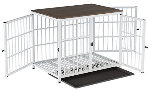 BingoPaw Holz Indoor Hundekäfig Schrank: Hundebox im Möbelstil mit 3 Türen und abnehmbarem Tablett, Hundehütte Haustierkäfig für mittelgrosse Hunde L 91x63x74 cm Weiß