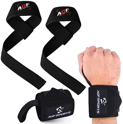 AQF Handgelenk Bandagen & Zughilfen Set für Krafttraining und Fitness | 18 Zoll Bandagen, 23 Zoll Zughilfen, Baumwolle, Elastik, sicherer Halt, Transportbeutel, je 1 Paar