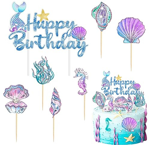 Silars Tortenaufleger Meerjungfrau Tortendeko Geburtstag Meerjungfrauen, 7 Stücke Mädchen Cake Topper Meerjungfrau, Ozean Kuchendeko für Tischdekoration für Ozean Thema Geburtstagsparty