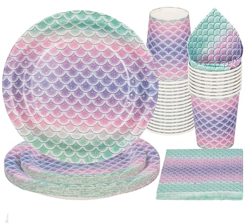 PARTY GO 96 Pcs Mermaid Tableware Set, Paper Plates Cups and Napkins, Disposable Dinnerware for Birthday, Wedding, Baby Shower, Engagement Decorations - Serves 24 Guests