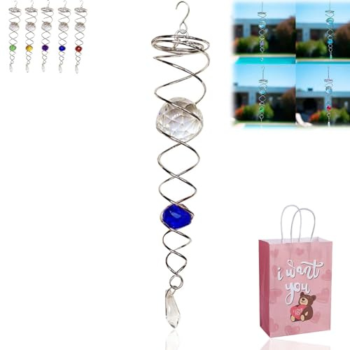 DASHENRAN Gazing Ball Spiral Tail Wind Spinner Stabilizer, Decorative Spiral, Spiral Wind Spinner, 12 Inch Wind Spinners Hanging, Sun Catcher Crystals Gazing Ball, Garden Decoration (Blue), Large