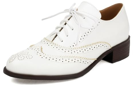 SHEMEE Women's Chunky Low Heels Oxfords Saddle Shoes Creeper Vintage Wingtip Brogues Perforated Flats Lace Up Pumps White,US 7