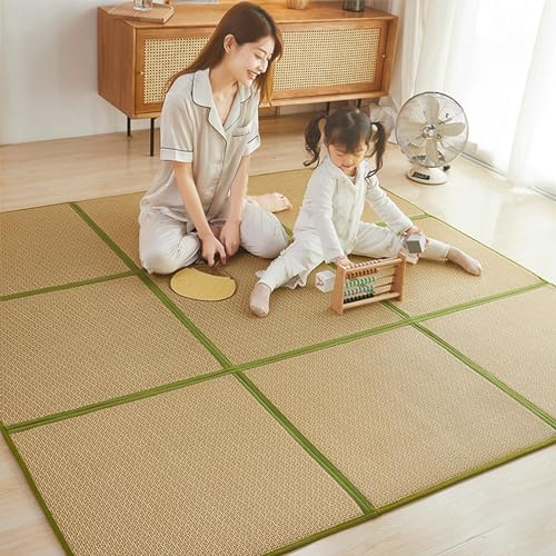 Rattan Tatami-Bodenmatte Faltbar,Japanische Tatami-Matte Schlafmatte Sommer Atmungsaktive Kühlunterlage, Rutschfeste Krabbelmatte Spielmatte Kinder mit Aufbewahrungstasche für Wohnzimmer Schlafzimmer(