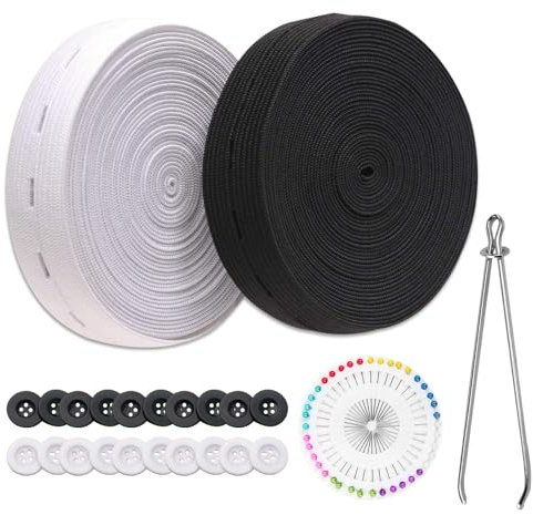 WUERKIYA Flache Nähbandspule mit Knopflöchern, 2 Rollen, 9,4 m, elastisches Band zum Nähen mit Nadeln und Lineal, ideal für selbstgemachte Taillenbänder und Halsausschnitte (Schwarz und Weiß)