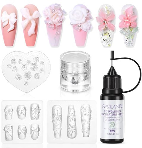 SAVILAND 3D Gel Nail Art Mold Set: 3 Styles Nail Charms Silicone Mold Rose Schleifen Nagel Silikonform Anfänger DIY Blumen Schnitzen Silikon Tool Nägel mit Molding Gel und weißes perlen chrome powder