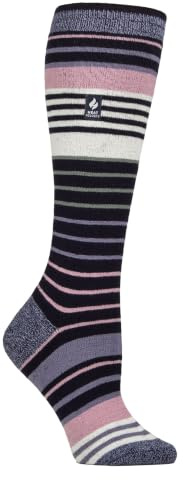 HEAT HOLDERS LITE - Ladies Thermal Ultra Thin Funky Ski Socks - Knee High Length with Padded Heel & Toe (UK, Numeric, 4, 8, Regular, Regular, Navy/Lilac)