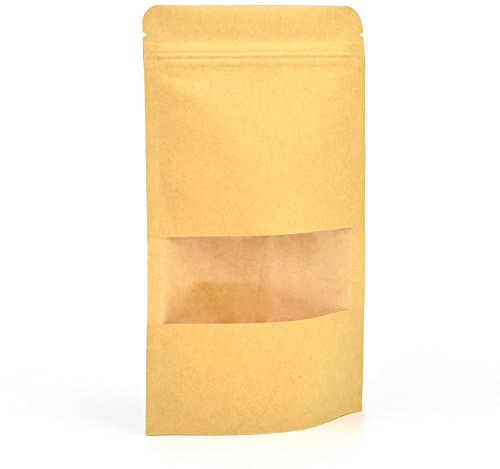 Evergreen Goods 100pcs Brown Kraft Paper Pouch Bags (120x200mm) | Reusable Self-Standing | Sealable ZipLock & Window | Heat Resealable | Perfect for Tea, Coffee Beans, Seeds, Dried Fruits Etc