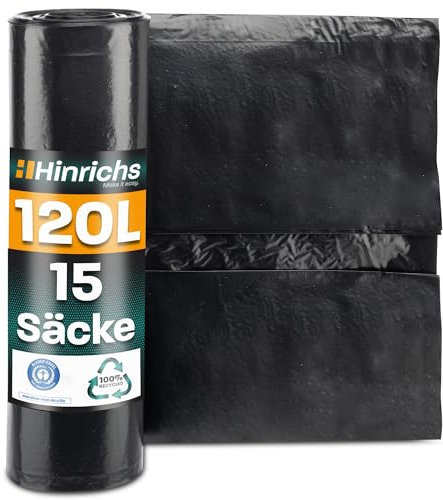 Hinrichs Bolsas de basura extrafuertes de 120 l, rollo de 15 unidades, 70 x 110 cm, resistentes a desgarros, bolsas de basura de polietileno de baja densidad reciclada, bolsas de basura para jardín,