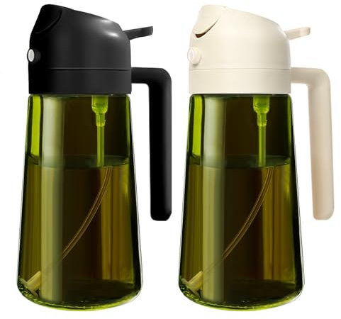 YARRAMATE 2 Stück 470ml Lichtblockierender dunkler Ölsprüher zum Kochen, 2-in-1 UV Schutz ölzerstäuber für die Küche, Grün Glasölflasche Sprühflasche für Heißluftfritteuse (Schwarz&Weiß)