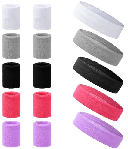 Amexo 15 Pezzi Fascia Capelli e Polsini per Uomo Donna, Fasce per il Sudore Anni '80 Fasce Sportive Elastiche Sportive Fascette Antiscivolo con Polsini per Yoga Tennis Corsa Palestra (5 Colori)
