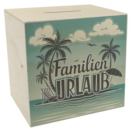 Familien Urlaub Spardose aus Holz mit Strandmotiv Perfekte Deko für Ihren Familienurlaub im Strandthema mit Palmen Strandstuhl Sonnenschirm hellblauem Himmel und weißem Sand