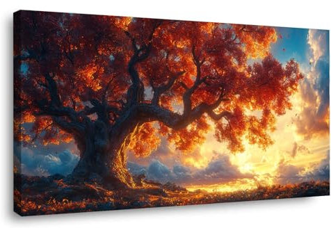 BOHUO Arancione, oro Quadro Albero della vita Stampa su Tela XXL, Scenario del tramonto Quadri Murale Moderno Grafica Decorazioni da Parete Pittura Decori-50x100cm Incorniciato