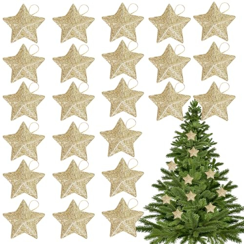 24 Stück Stern Weihnachtsbaum,Sterne Gold,Weihnachtsdeko zum Aufhängen