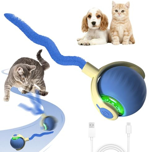 Interaktives Katzenspielzeug Selbstbeschäftigung, Katzenspielzeug Elektrisch Ball mit Schwanz, Intelligente Rollen Katzenball Spielzeug Katze, USB Aufladbar Interaktiver Spielball für Katzen (Blau)