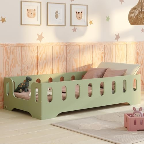 smartwood Golvsäng 70x140 Grön - Montessori Barnsäng i trä med FSC-certifikat - TILA 2B med fallskydd och ribbotten, belastningsbar upp till 230 kg - Enkel montering