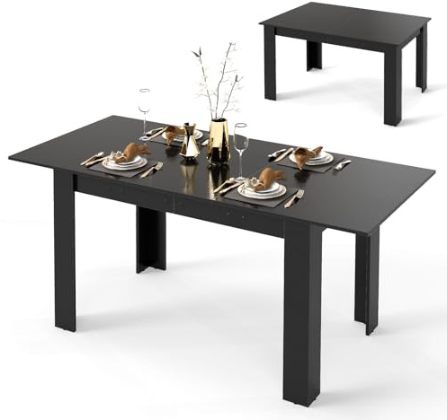 COSTWAY Table Extensible Salle a Manger, Table Cuisine Extensible 6 Personnes Bois et Noir, 120-158 cm, Pieds en Forme de L, Gain de Place (Noir)