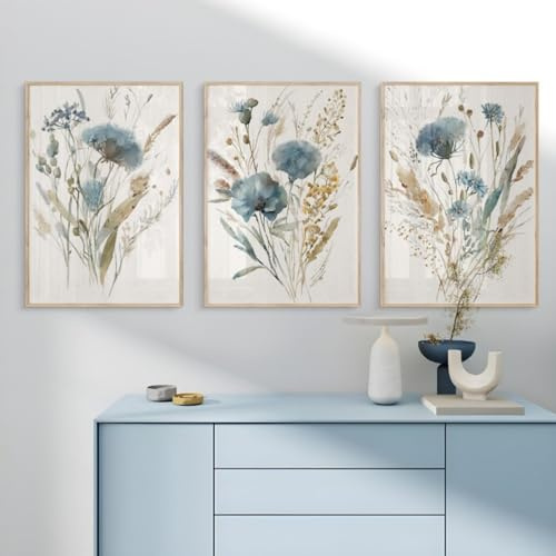 champracer Bilder Wohnzimmer 3er Set Rustikale Blumen Wandbilder Aquarell Blumen Leinwand Bilder Blaues Aquarell Wildblumen Poster Wohnzimmer Schlafzimmer Dekoration, Ohne Rahmen (21 * 30cm)