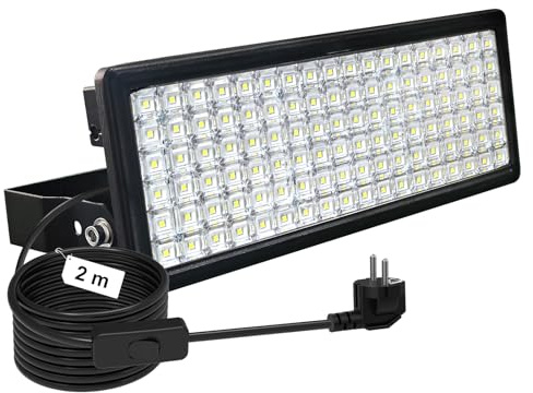 POWFUL 100W 14000LM LED Fluter, 5000K LED Strahler Außen | 2m Kabel mit Stecker & Schalter. AC 85V-450V, Kompatibler Generator, IP67 Wasserfest & Flimmerfrei, 10KV Ü-Schutz. Robust