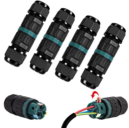 GAOUTO IP68 Waterproof 3-Pin Earth Cable Connection Sleeve, 4-Pack, Black, PC+PA66 Material, 5-12 mm Cable Diameter, 2-Way Waterproof Junction Box for Garden, Outdoor, Floor
