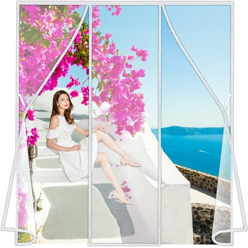 Cortina Mosquitera para puerta dobles, 250x225cm Cortina antiinsectos Fácil de ensamblar, Cierre Automático de Arriba a Abajo, Manos libres LF2C1 Blanco