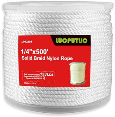 1/4 Inch x 500 ft White Nylon Solid Braid Rope – UV & Abrasion Resistant, Low Stretch – Multipurpose for Flag Poles, Clotheslines, Crafts, and Outdoor Use