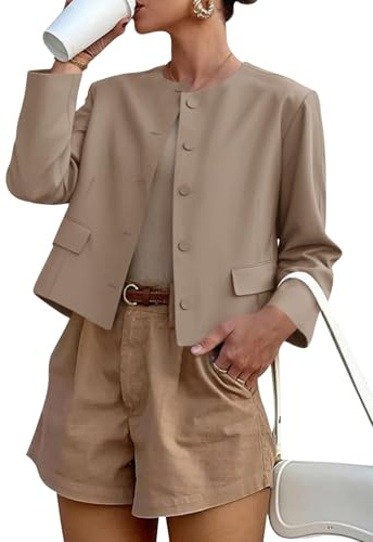 Cicy Bell Womens Balloon Long Sleeve Blazer Cropped Collarless Button Down Suit Jackets Business Casual Fall Outerwear Light Khaki