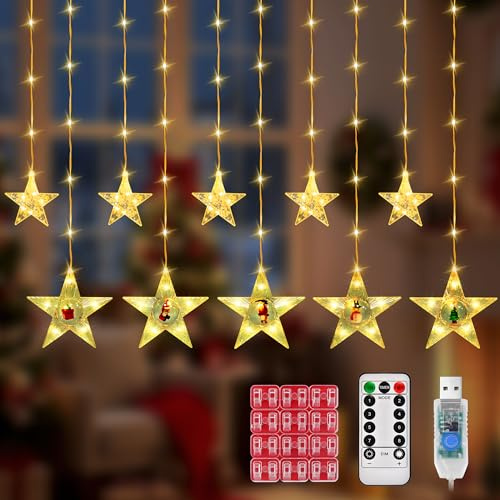 DazSpirit LED Lichterkette mit Sternenvorhang, 10 Sterne, 90 LED Lichterkette Sterne Fenster, Mit Haken, 8 Modi, USB, Timer, Lichtervorhang Sternen Innen für Weihnachten, Party dekoration (Warmweiß)