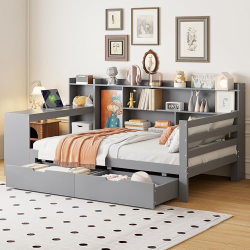 Tagesbett Schlafsofa 90x200 cm, Multifunktionsbett mit USB-Steckdose, Schreibtisch, 2 Schubladen, Bücherregal, Ablagefächern&Regalen, Massivholzbett mit Lattenrost(Grau mit Schubladen, 90x200CM)