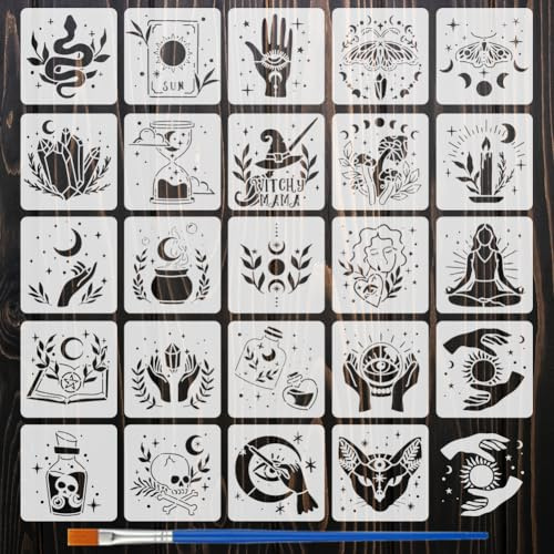 FINGERINSPIRE 24 Stück Hexen Malschablone Mit Pinsel 15x15cm Zaubertrank Feen Kristallkugel Wahrsagung Muster Zeichenvorlage Zum Malen Auf Holz Wänden Stoffen Und Möbeln